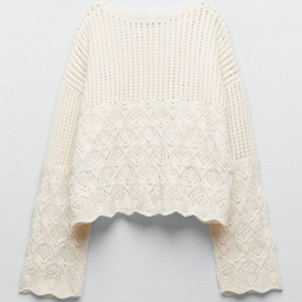 Zara Cream Open Knit Cropped Bell Sleeve Sweater